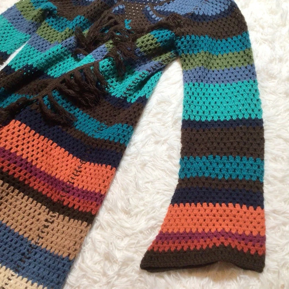 Crochet Fringe Duster Open Long Cardigan Boho Festival Hippie Rainbow Core Med - Picture 4 of 9